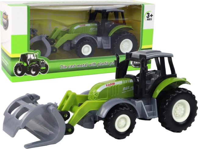 Tractor verde con cargador frontal tipo “cocodrilito” – máquina agrícola infantil