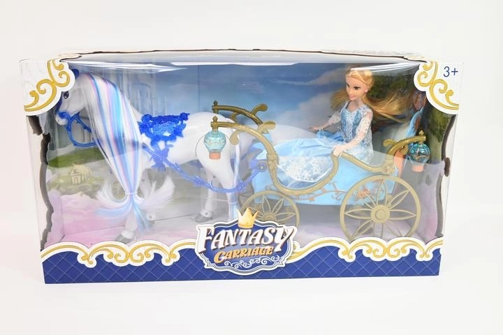 Coche de cuento con caballo y muñeca a pilas