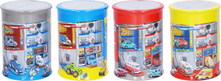 Taller mecánico con coche metálico