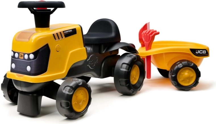 Correpasillos tractor JCB Fastrac con remolque, pala y rastrillos 1–3 años