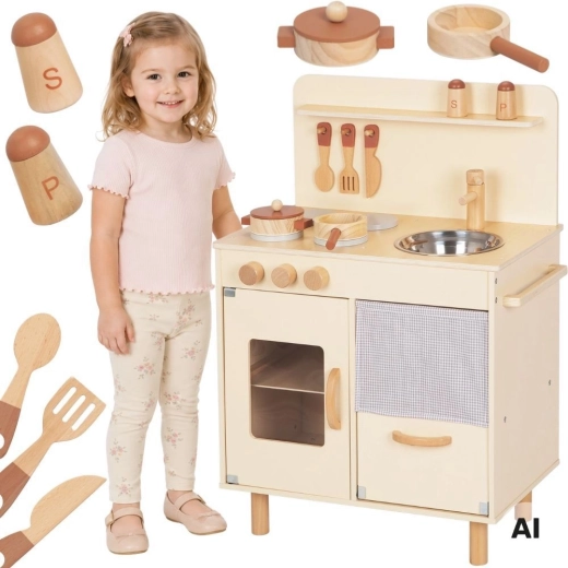Cocina infantil de madera beige con accesorios Tooky Toy