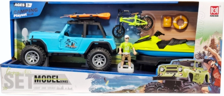 Set de camping con vehículo todoterreno, remolque y moto de agua