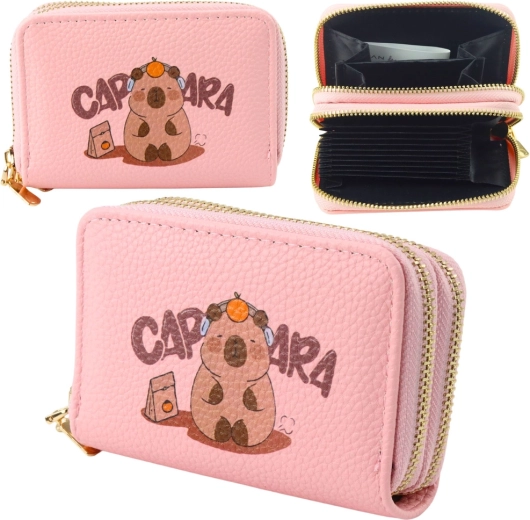 Cartera rosa con capibara, de dos compartimentos, organizador para tarjetas y efectivo 12,5 × 8,5 cm