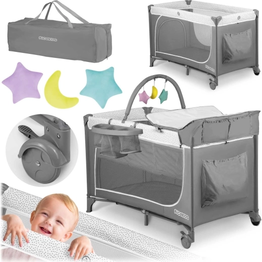 Cuna de viaje infantil 2 en 1 con colchón y cambiador, gris