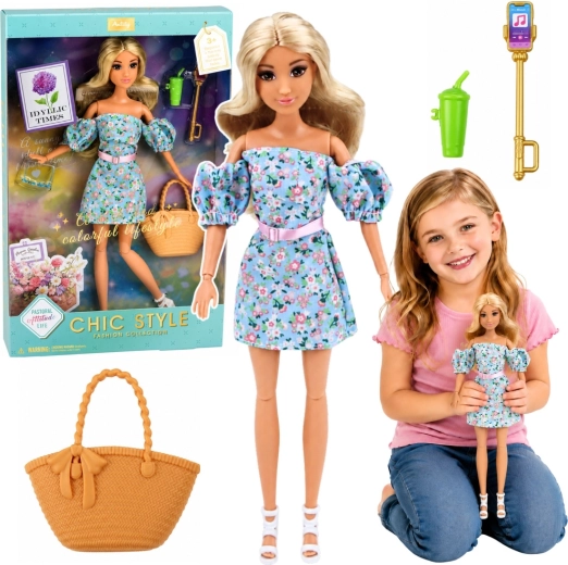 Muñeca Anlily Fashion con vestido azul floreado con bolso y accesorios