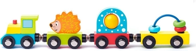 WOODY Tren de madera de habilidades motoras con erizo y actividades