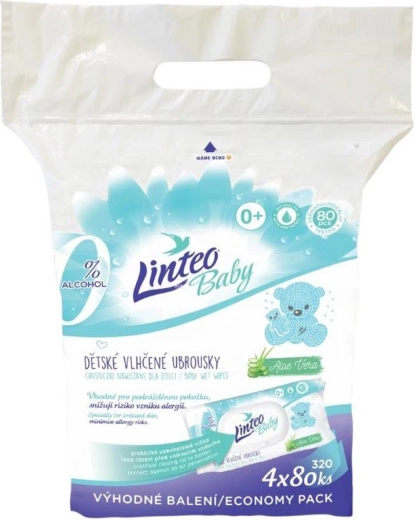 Toallitas húmedas infantiles Linteo Baby con aloe vera, 4×80 uds