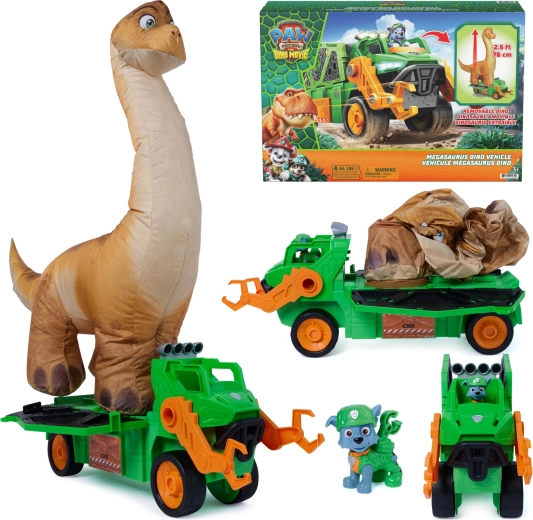 Spin Master La Patrulla Canina y dinosaurios – Vehículo dino Megasaurus con dinosaurio inflable y figura de Rocky