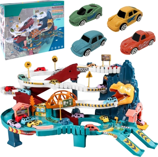 Pista de dinosaurios con ascensor y 4 cochecitos con sonido