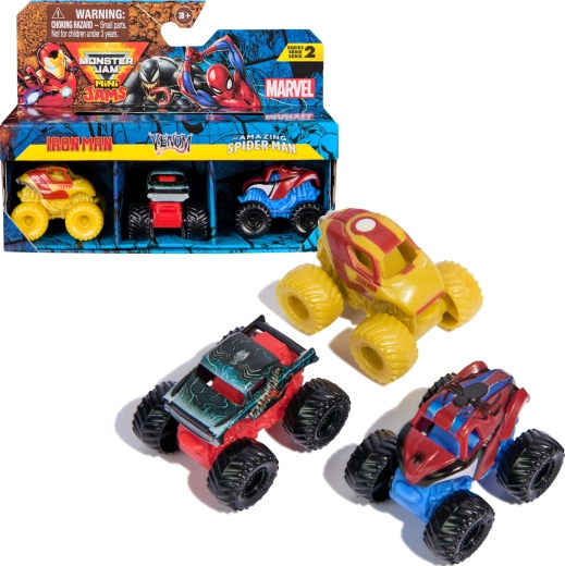 Set de 3 mini monster trucks MARVEL – IRON MAN, VENOM y SPIDER-MAN (1:87) de Spin Master