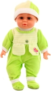 Bebé sonoro verde: muñeca blanda con sonidos