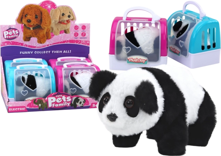 Panda de peluche interactiva en transportín rosa-azul