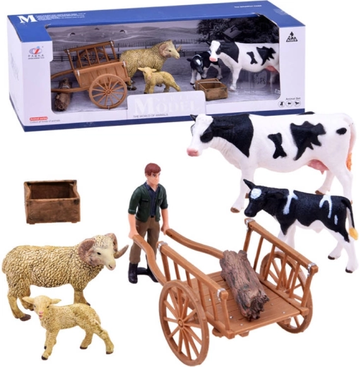 Set de figuras de granja: vaca, ternero, carnero, ovejita y granjero con cercado para animales
