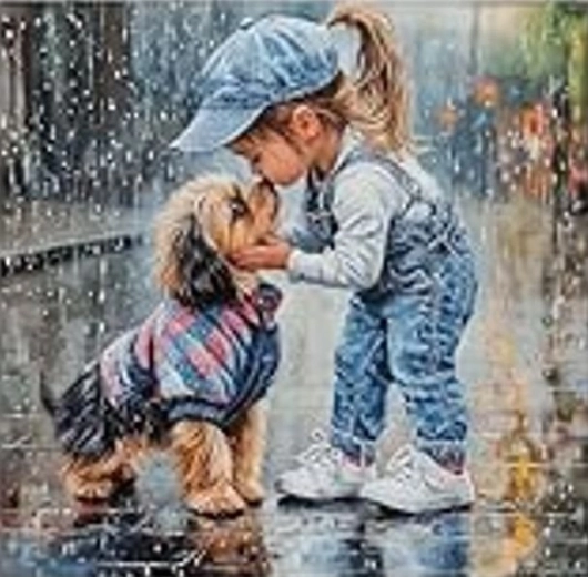Pintura de diamantes – niña con perro bajo la lluvia 30 × 40 cm
