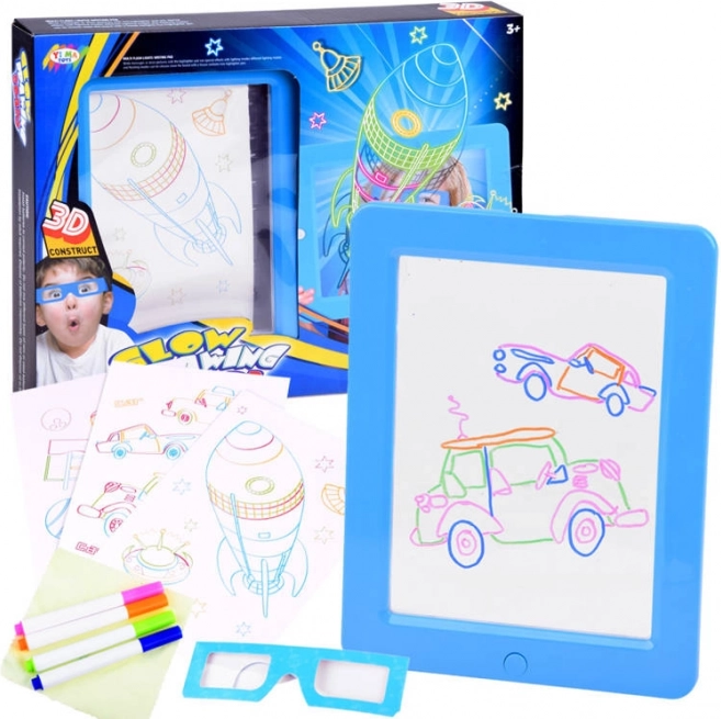 Tablero de dibujo retroiluminado con gafas 3D y rotuladores neón – Azul