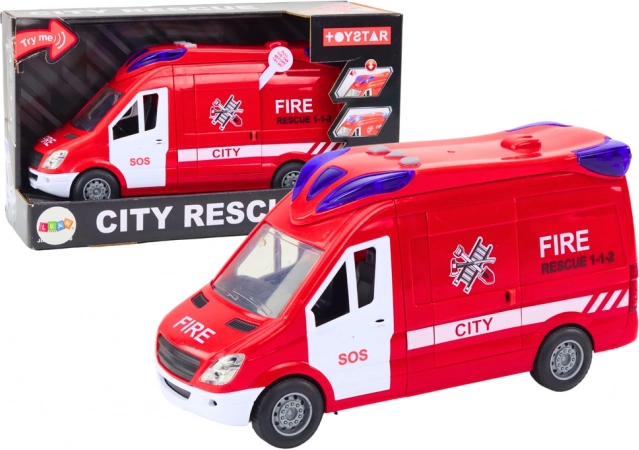 Camión de bomberos con luces y sonidos y puertas que se abren, rojo