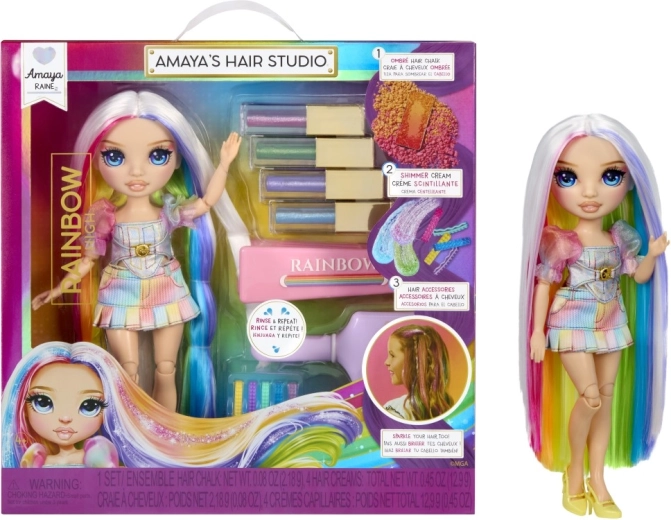 Estudio de peluquería Rainbow High con muñeca Amaya Raine