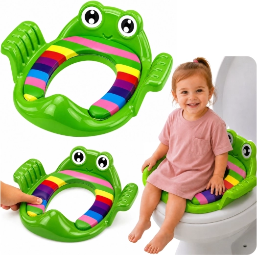 Asiento infantil para WC (reductor para inodoro) ranita con asiento blando acolchado y asas laterales, verde