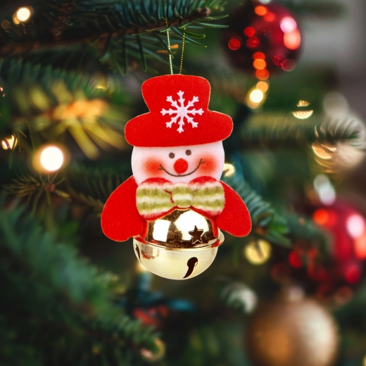 Adorno navideño para el árbol con forma de muñeco de nieve y campana