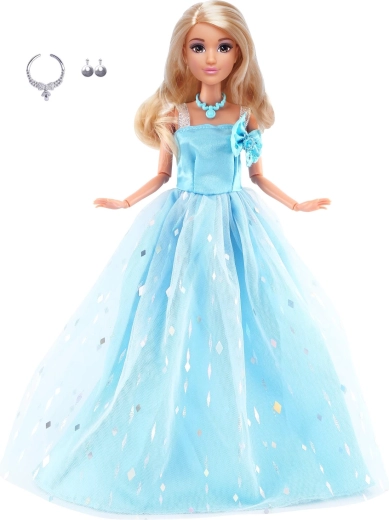 Muñeca de moda con vestido largo de gala azul claro