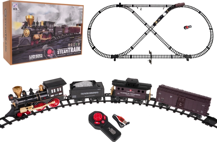 Circuito de tren retro teledirigido para niños a partir de 5 años, con función de humo, luces y sonidos, longitud de la vía de 247 cm, 2,4 GHz