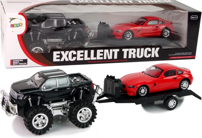 Set de vehículos: monster truck negro con remolque de grúa y coche deportivo 58 cm