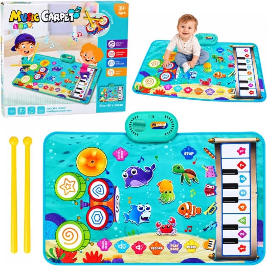 Alfombrilla musical interactiva 2 en 1 con piano y batería, mundo submarino