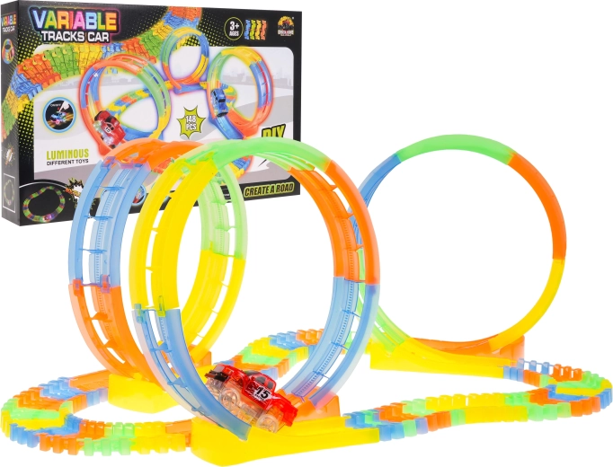 Pista de carreras fluorescente para niños 3+ con coche LED, 3 bucles y 148 piezas