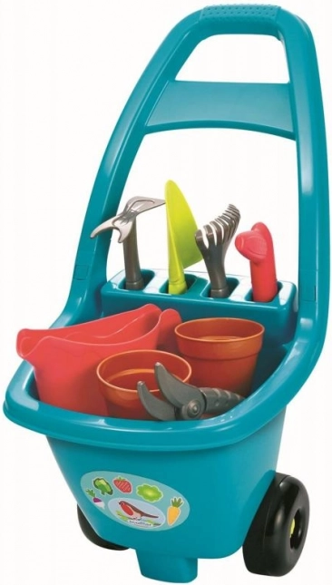 Carrito de jardín para niños con herramientas, macetas y regadera