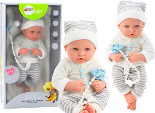 Muñeca bebé realista con ropa blanco-gris, gorrito y chupete