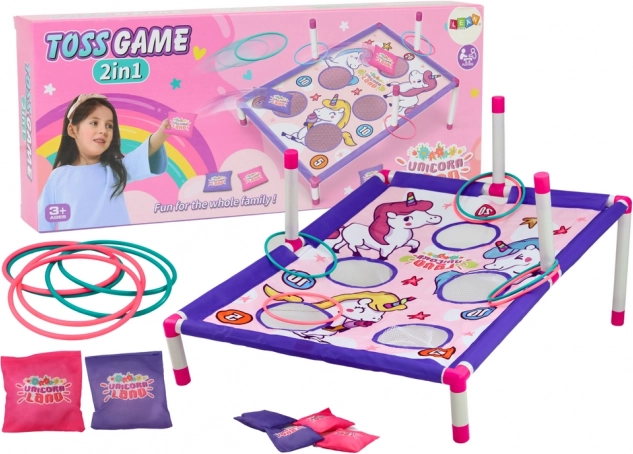 Juego de habilidad de lanzamiento de saquitos y aros 2 en 1 – unicornios