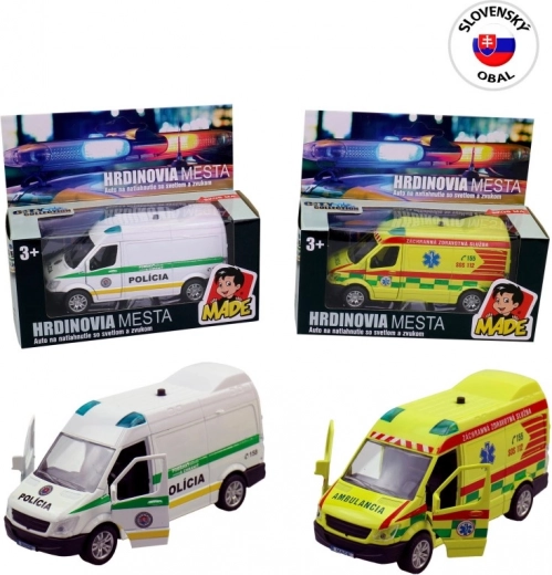 Coche metálico de rescate con luz y sonido, pull-back, 12 cm