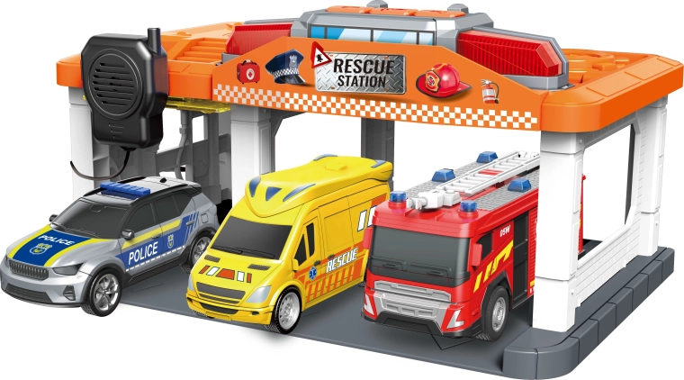 Estación de servicios de emergencia con bomberos, policía y ambulancia con luces y sonidos