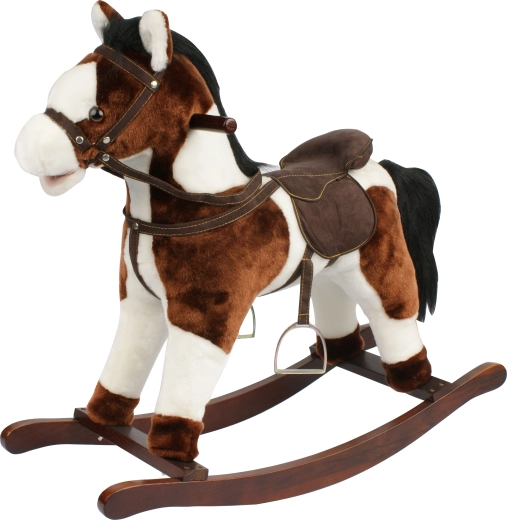 Caballo balancín marrón y blanco con sonidos, boca y cola móviles, altura del asiento 46 cm