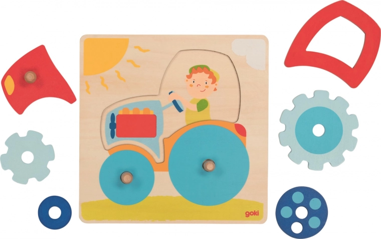 Puzle de madera Goki tractor, 6 piezas