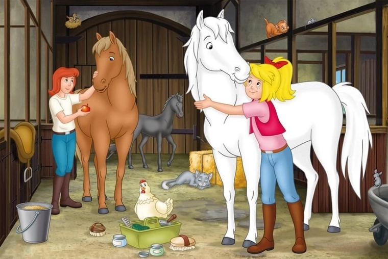 Diversión en el establo cuidando a los caballos