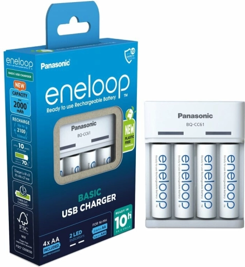 Panasonic Eneloop EKO cargador USB BQ-CC61 + baterías recargables AA 2000 mAh (4 uds)