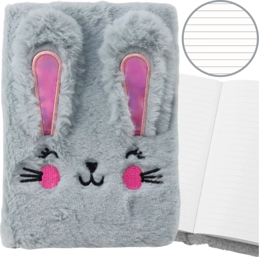 Cuaderno de peluche A5 con conejito de peluche, rayado, gris