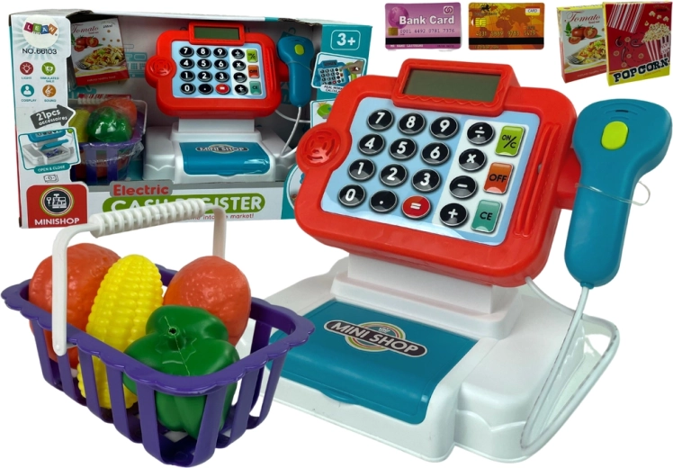 Caja registradora infantil con calculadora y cesta con verduras