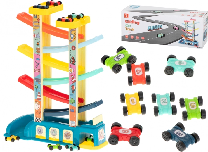 Pista de coches de colores con tobogán y garaje – 8 cochecitos