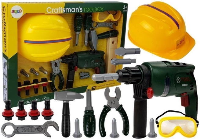 Set de herramientas de taller infantiles con taladro, gafas protectoras y casco