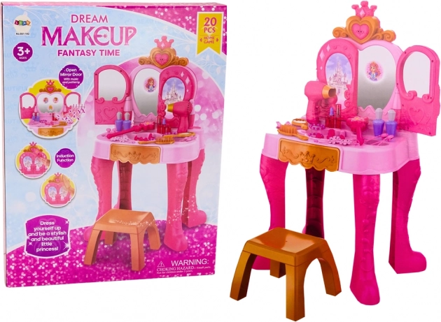 Tocador cosmético infantil con sensor de gestos, accesorios, rosa