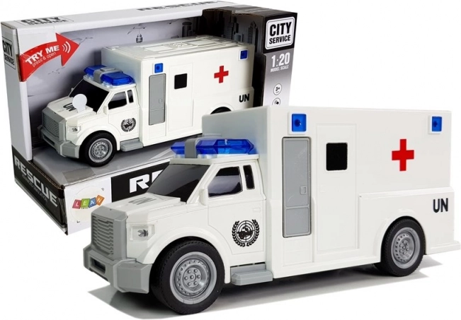 Ambulancia 1:20 con propulsión por fricción, luces y sonidos