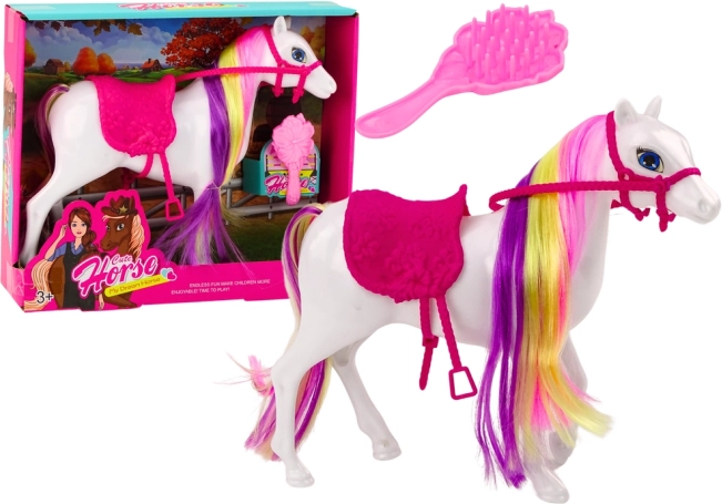 Caballo blanco para peinar con silla de montar: figura para niños