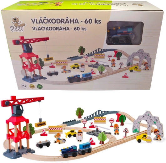 Babu pista de tren de madera con grúa