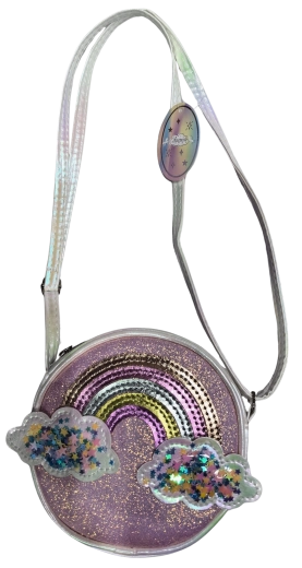 Bolso infantil rosa con arcoíris y nubecitas brillantes