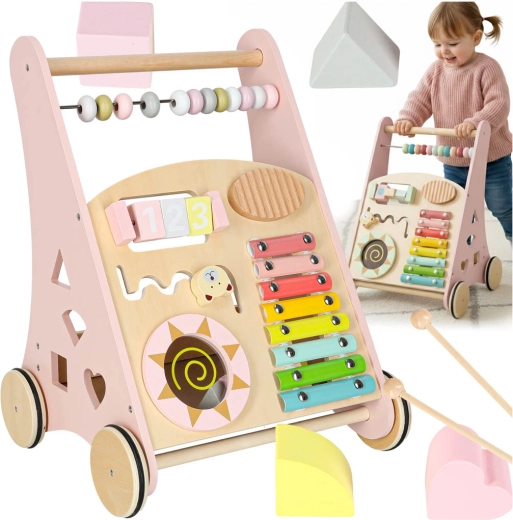 Andador de madera con ábaco y actividades, rosa
