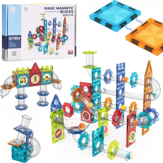 Juego de construcción magnético 3D con pista de canicas, 113 piezas