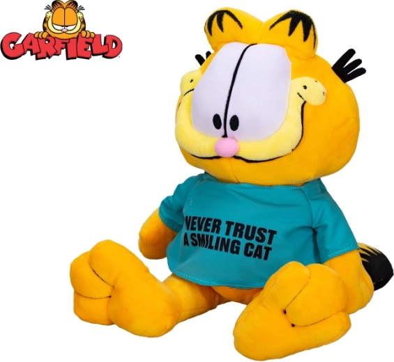 Gato de peluche GARFIELD 28 cm – camiseta «Never trust a smiling cat»