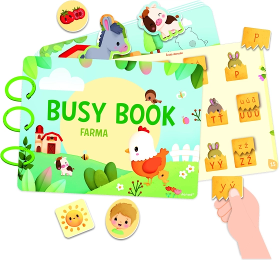 Janod Granja Busy Book, libro interactivo con actividades y abecedario